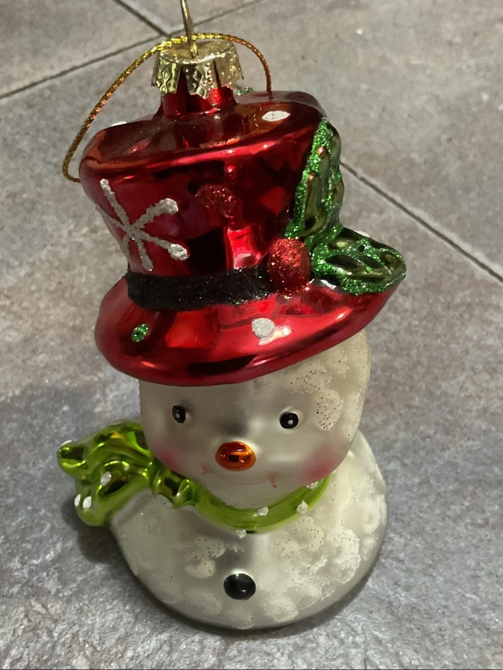 Holiday Snowman Ornament with Red Hat and Green Scarf
